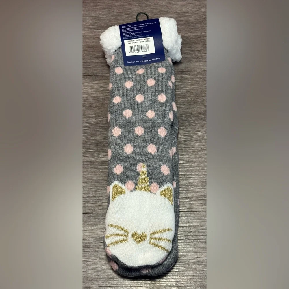 NWT Petco Cozy Fleece Lined Caticorn Slipper Socks - Grey/Pink Polka Dot